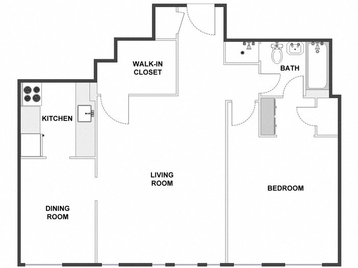 Floor plan for 1 bed, 1 bath, 855 sqft